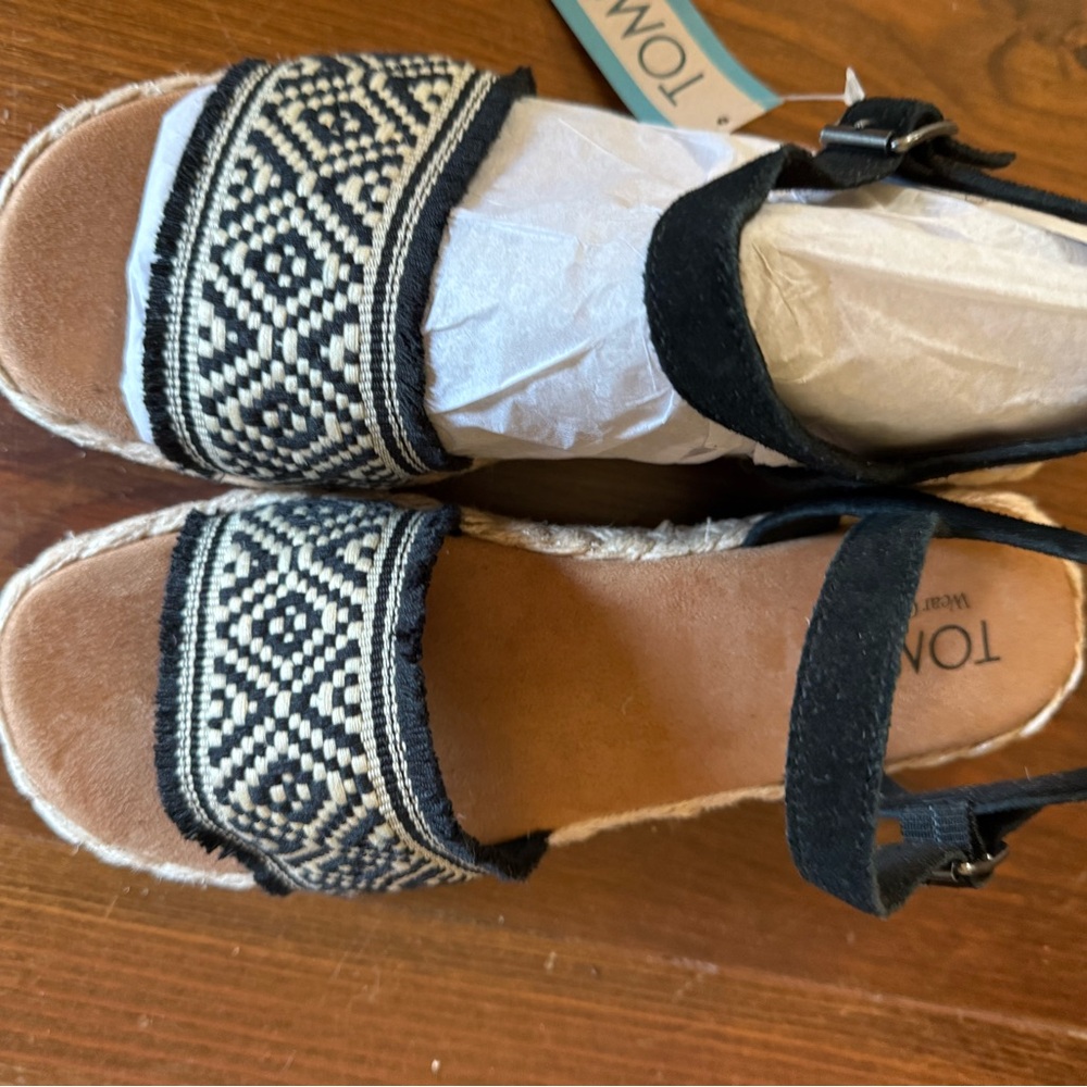 TOMS Black and Tan Espadrille Sandals